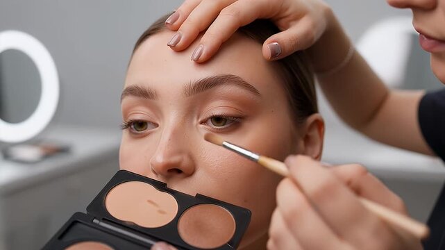 Makeup artist applies concealer to a woman's face to cover imperfections