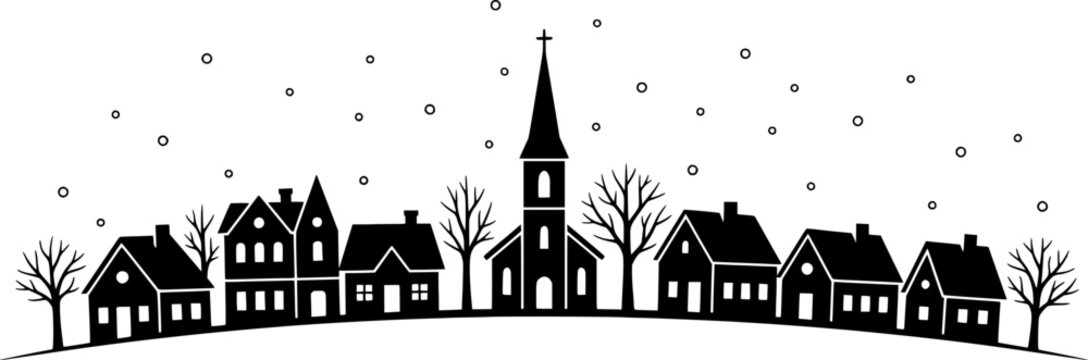 Minimalist Winter Village Houses Silhouette Flat Vector Border
