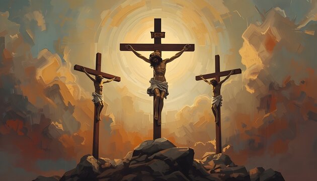 A dramatic painting of Jesus Christ on the cross with two other crucified men on either side, set against a vibrant sky with clouds and a bright sun.
