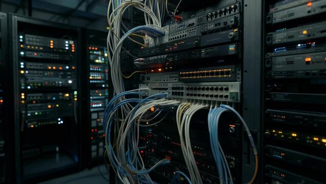 Cinematic 4K tech footage of network switch and organized cables connecting servers dimly lit data center with flickering LED lights highlighting cloud computing and cybersecurity infrastructure