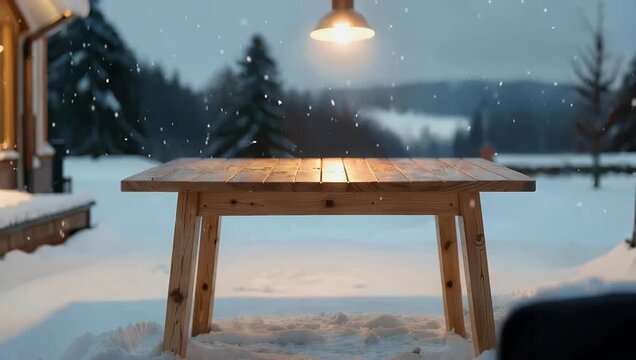Professional 4K product mockup featuring empty wooden table against softly blurred winter snow background designed as high quality scene for seasonal retail displays