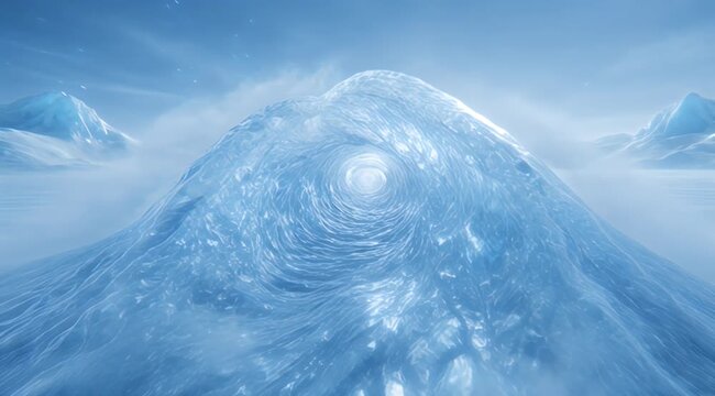 Icy alien landscape swirling frozen vortex, vast snowy plains, and distant blue mountains