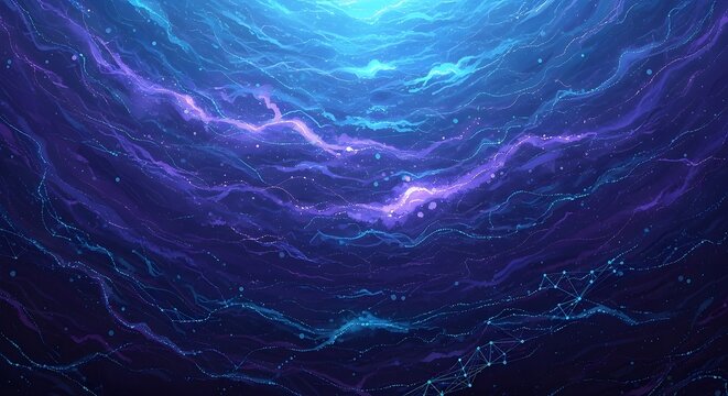 Abstract Digital Background with Glowing Blue and Purple Wavy Lines and Network Connections