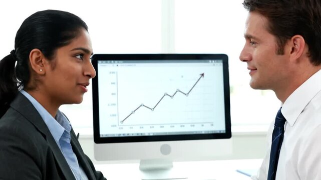 Two professionals, a woman and a man, are engaged in a discussion about a rising stock or data trend displayed on a computer screen, with the woman pointing at the upward graph. They are in an office