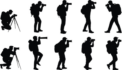 Photographer silhouette collection, professional camera operators shooting photos vector illustration, travel photography poses isolated media creator activity set © CreativeStorage