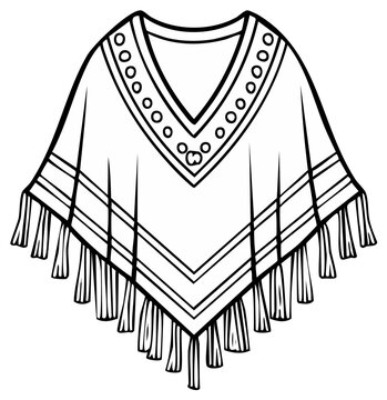 Hand-drawn line art of traditional Mexican poncho with tassels ready to be colored and decorated. Folk traditional element