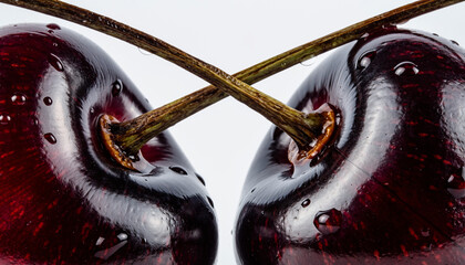 Closeup of two fresh ripe red cherries with intertwined stems and water droplets.