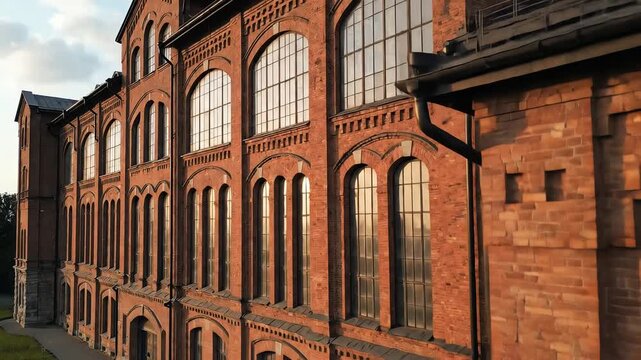 Historic red brick industrial building with large arched windows.