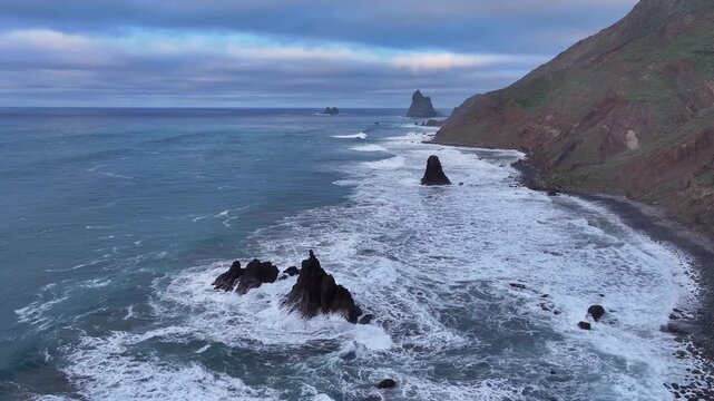 The wild Benijo beach in northern Tenerife. Anaga Rural Park. Canary Islands. Aerial video.