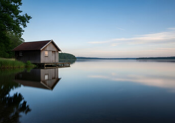 Fototapeta premium Tranquil wooden boathouse reflecting on the still surface of a serene lake at dusk with a clear blue sky above