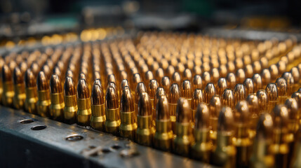 Metal cartridges are arranged in a grid at a manufacturing facility during the daytime