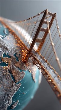 Macro shot of a copper suspension bridge model over a textured world map; warm light highlights the cables and tiny city specks, travel-architecture vibe
