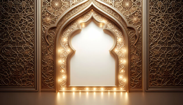 A lavish golden arched frame with sparkling lights on an intricate patterned wall.