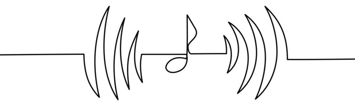 Continuous line vector illustration of a sound wave forming a music note isolated on transparent background. Minimalist monoline concept combining musical symbol and audio waveform