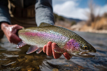 Obraz premium Rainbow trout caught in river during sunny day by a person in outdoor fishing scene