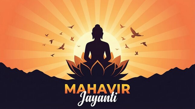 Golden Mahavir Jayanti Dawn: Silhouette of Enlightenment on Lotus Amidst Nature's Peace