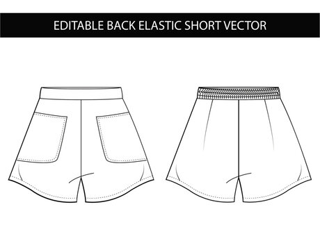 Back Elastic Waist Shorts Technical Fashion Vector Editable Flat Sketch Shorts Template with Patch Pockets, Apparel CAD Outline Garment Blueprint for Designers Fashion Students Pattern Makers and A