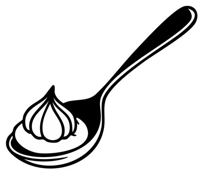 Black and white illustration of a spoon with dollop of whipped cream or frosting