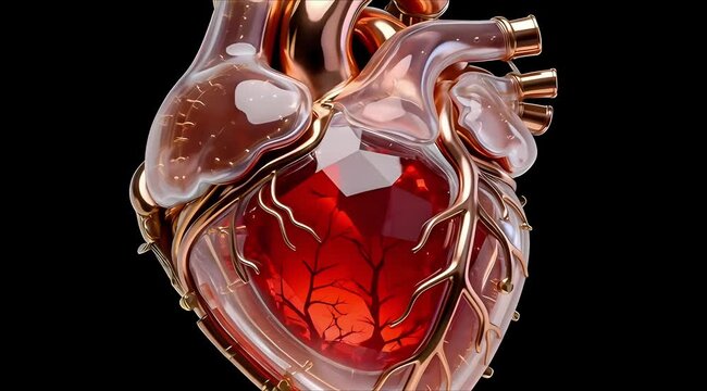 AI Life Core Concept: 3D Mechanical Heart with Pulsing Ruby and Rose Gold, Professional VFX Isolated Asset, 4K Stable Render on Black