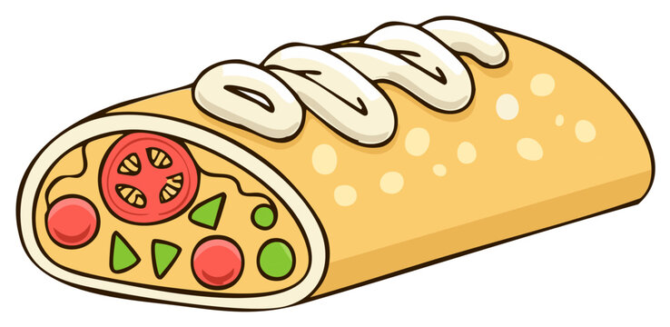 Fresh Mexican burrito wrap with vegetables and sour cream topping cartoon illustration