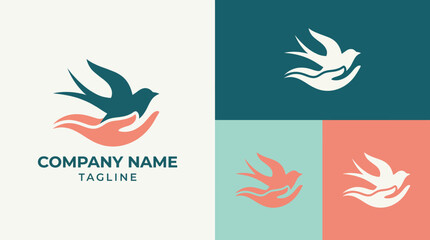 Fototapeta premium This logo creatively combines a bird and a hand, symbolizing care and support. The design evokes emotions of protection and unity, perfect for community-focused brands.