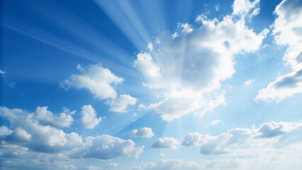 Fototapeta premium Vibrant sunny sky with white clouds and sun rays