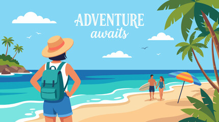 A young woman stands on a sunny beach, looking excitedly towards the ocean, symbolizing adventure, exploration, and the joy of traveling to new and beautiful places. © Emily