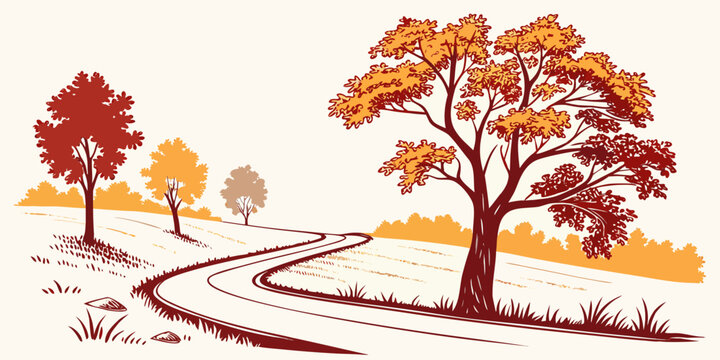 a dirt road winding through a landscape with trees Vector