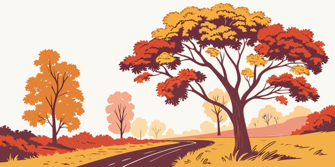 a large tree with yellow and red leaves stands beside a road Vector © Rabbi