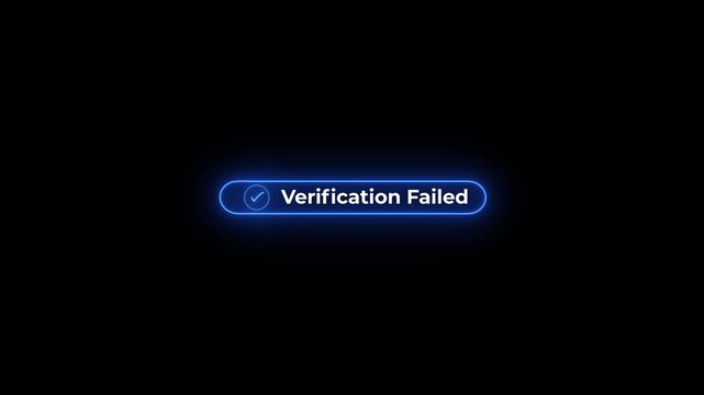 A bright blue neon outline surrounds a horizontal bar containing a red checkmark and the word Verification in red text, set against a dark black background, symbolizing a completed