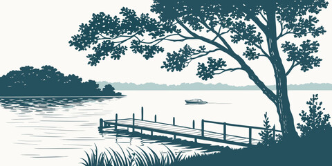 a tree stands by a dock on a serene lake Vector © Rabbi