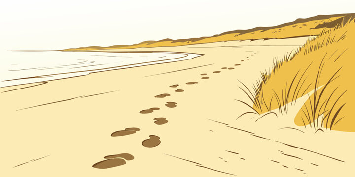 a sandy beach with footprints and grass Vector