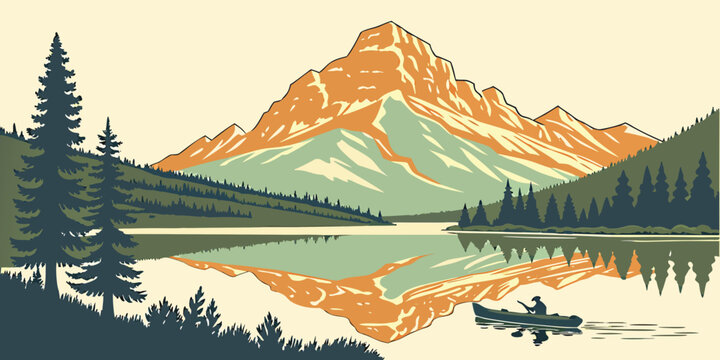 a mountain range with a lake and trees Vector