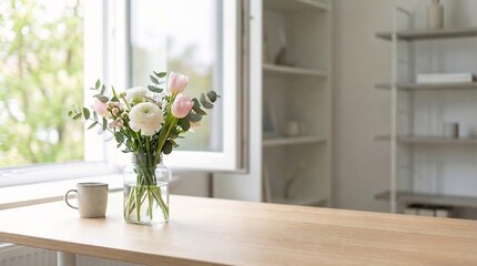 Spring flower bouquet in vase on wooden table bright minimalist interior