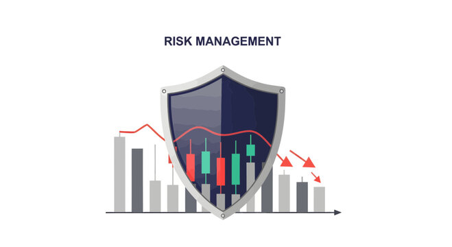 Strategic financial risk management concept with a protective shield guarding investments against market volatility and economic downturns, symbolizing security in business and finance