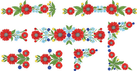 Folk floral border and corner ornament set with red flowers and leaves decorative vintage vector design © EPS VECOR 
