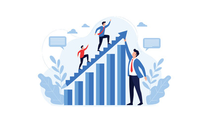 Obraz premium Successful leader helping his team members climb up a rising bar chart staircase representing professional mentoring and career advancement.