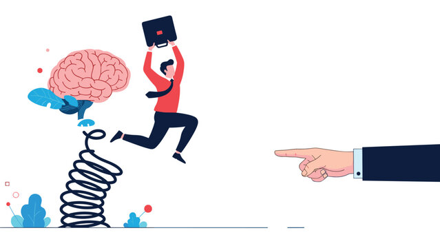 Creative businessman jumping on a large metal spring next to a giant brain representing the bounce back of innovative ideas and mental agility.
