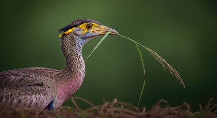 Obraz premium Vibrant bird with colorful plumage holding grass in beak