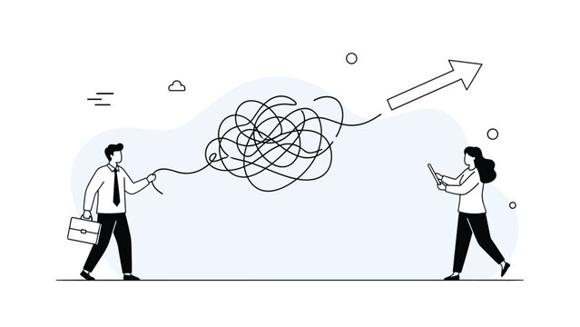 Team of professionals untangling a chaotic line into a straight arrow representing problem solving and process simplification in business.
