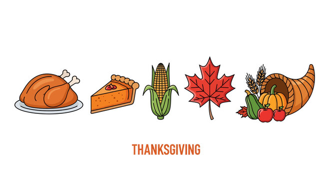 Thanksgiving outline illustrations with classic holiday elements roasted turkey, pumpkin pie, autumn corn, maple leaf, and a bountiful harvest cornucopia