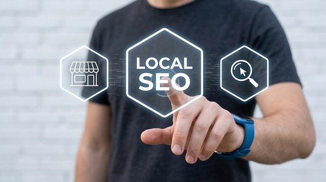 Concept of local seo strategy, local search optimization. Person using virtual touch screen presses the text LOCAL SEO. ai new