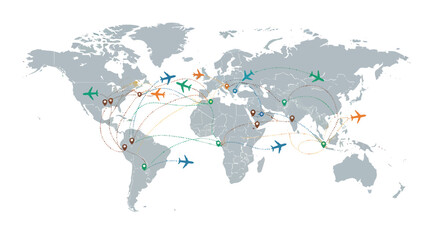 Naklejka premium Dynamic global air travel network map illustrating interconnected international flight routes, logistics, and seamless connections across continents for modern business and leisure journeys