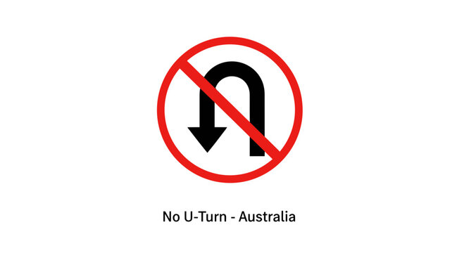Red circular prohibitory road sign graphic indicating 'No U-Turn'. This vector symbol promotes traffic safety, guiding drivers to prevent dangerous maneuvers and maintain orderly flow