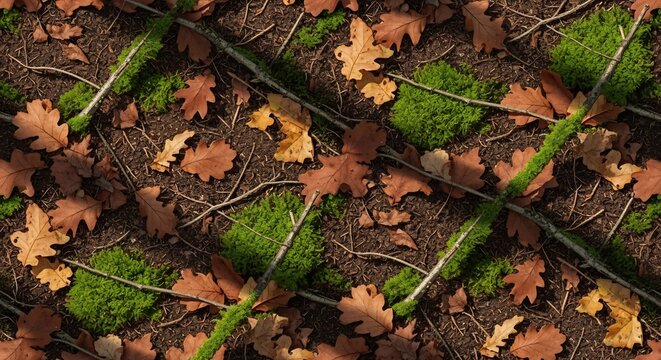 Autumn Forest Floor with Moss and Fallen Oak Leaves.