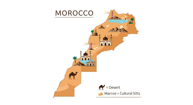 Discover the vibrant essence of Morocco with this detailed map illustration, showcasing its diverse desert landscapes, ancient cultural sites, and iconic architectural wonders