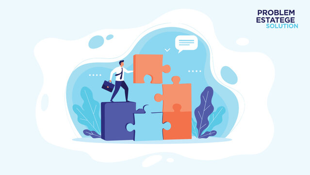 Businessman working on a large jigsaw puzzle representing problem solving and finding the right estate solution for a complex project.