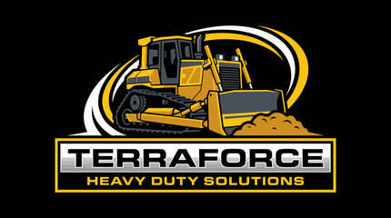 A striking bulldozer illustration on a dynamic background conveys strength and reliability, making it ideal for a brand focused on construction and heavy machinery solutions. © Olivia