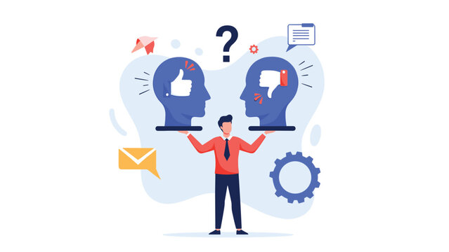 Professional standing between two large head silhouettes with thumbs up and thumbs down icons representing balanced decision making.
