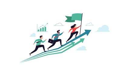 Fototapeta premium Ambitious business team racing together on rising green arrows towards the top with a leader holding a flag symbolizing shared success.